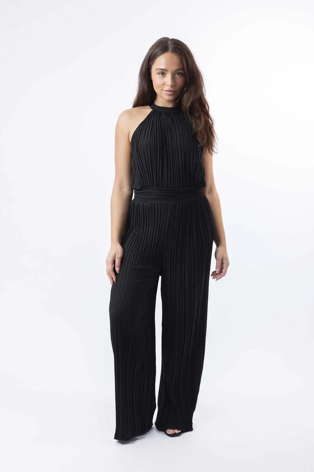 Halter Neck Plisse Straight Leg Chiffon Jumpsuit