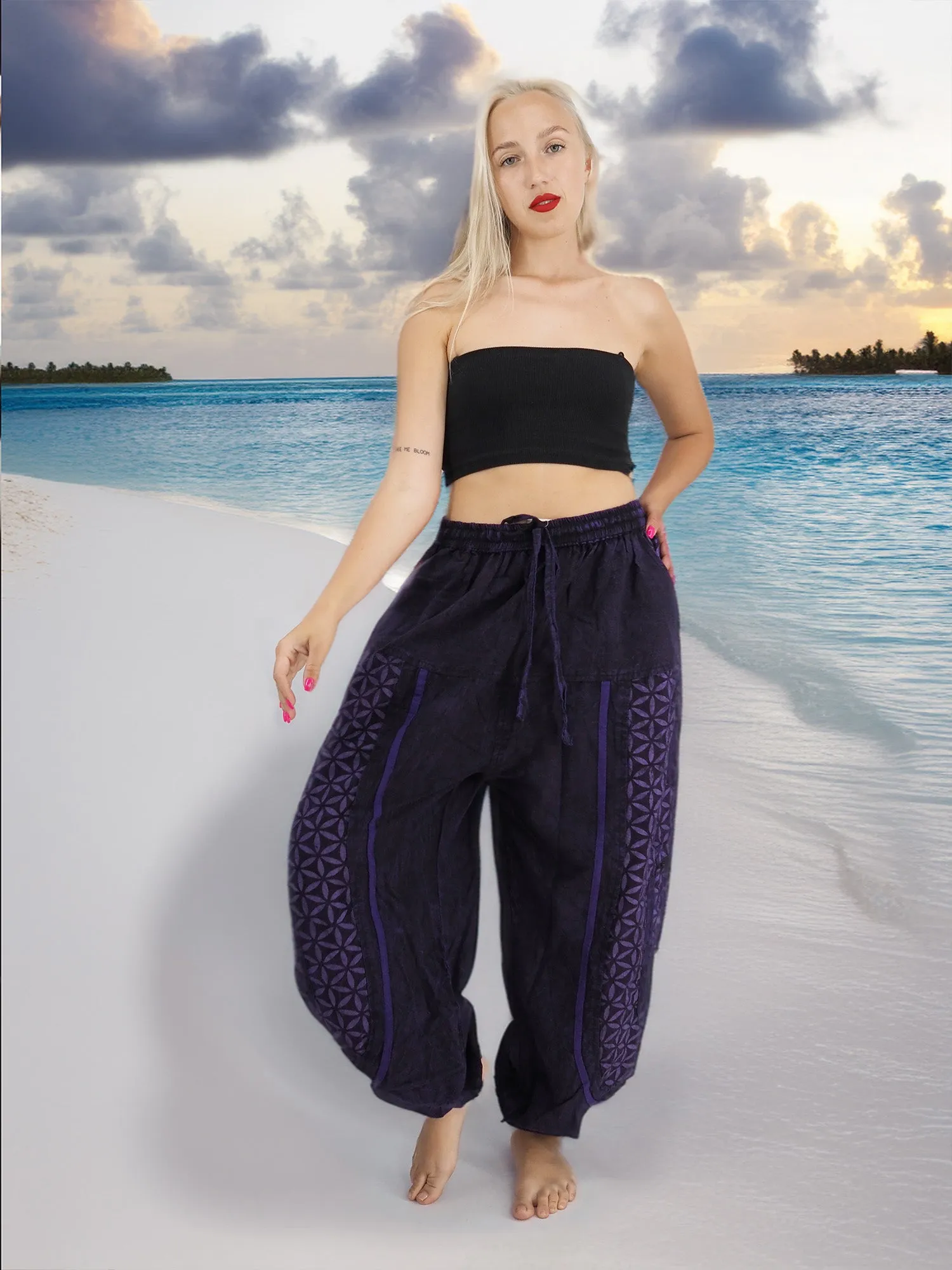 Handmade Casual Boho Cotton Hippie Yoga Pants Size S To XL Purple