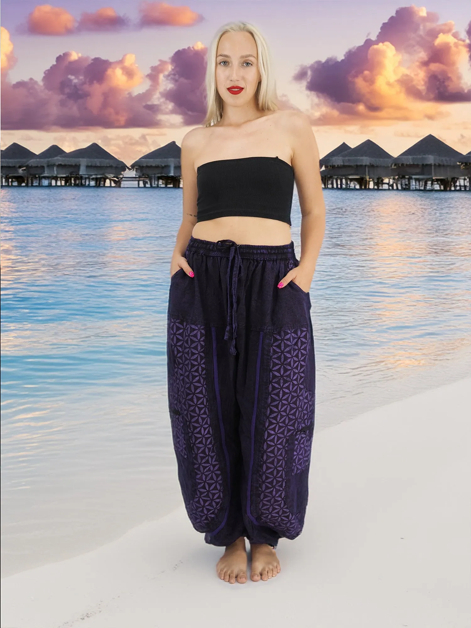 Handmade Casual Boho Cotton Hippie Yoga Pants Size S To XL Purple