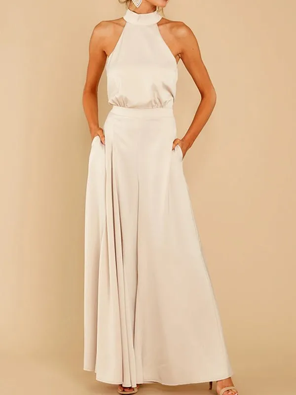 Hanging Neck Off Shoulder Wide Leg Jumpsuit