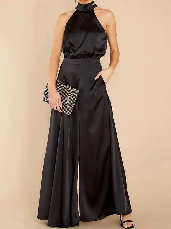 Hanging Neck Off Shoulder Wide Leg Jumpsuit