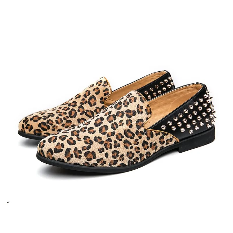 Hnzxzm Men Loafers Faux Suede Leopard Print Simple Rivet Slip-On Fashion Versatile Business Casual Wedding Party Daily Dress Shoes