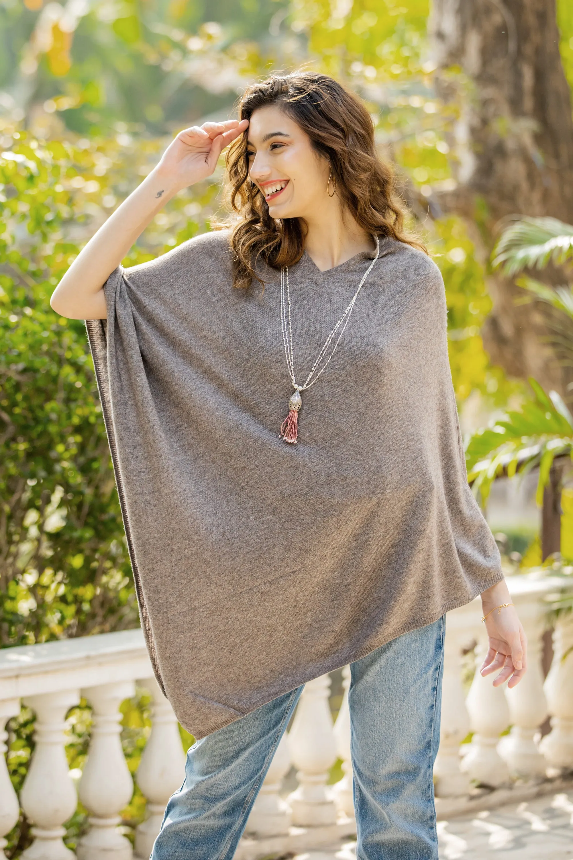 Indian Cashmere Wool Knitted Dark Taupe Poncho - Dark Taupe Warmth | NOVICA