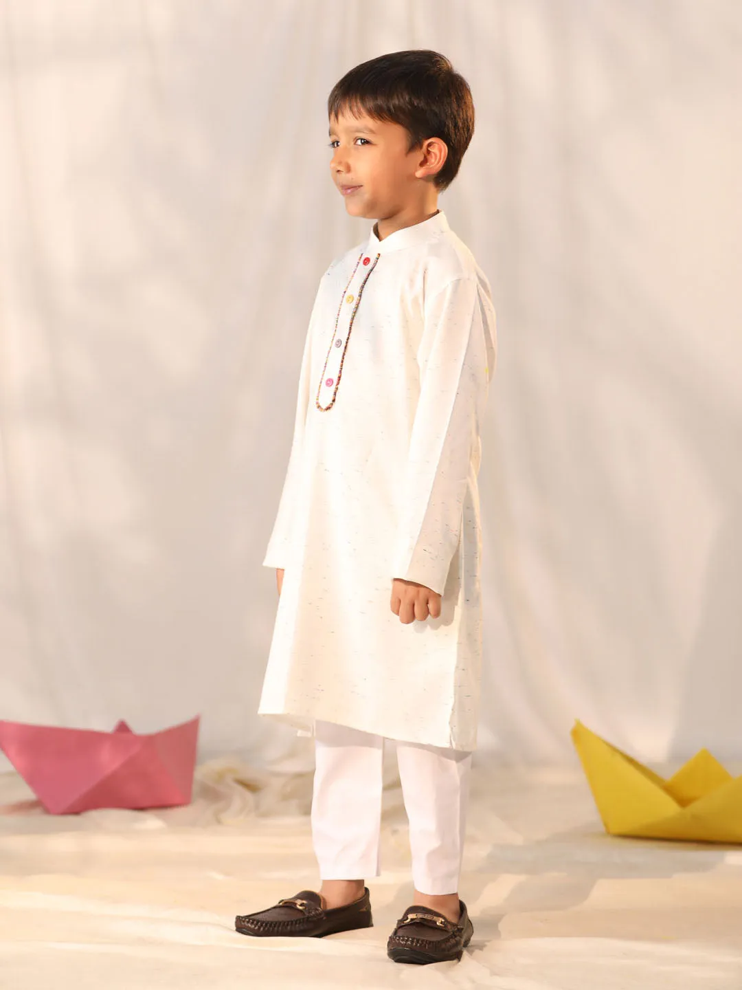 Jashvi Boys' Cream Holi Special Kurta Pyjama Set