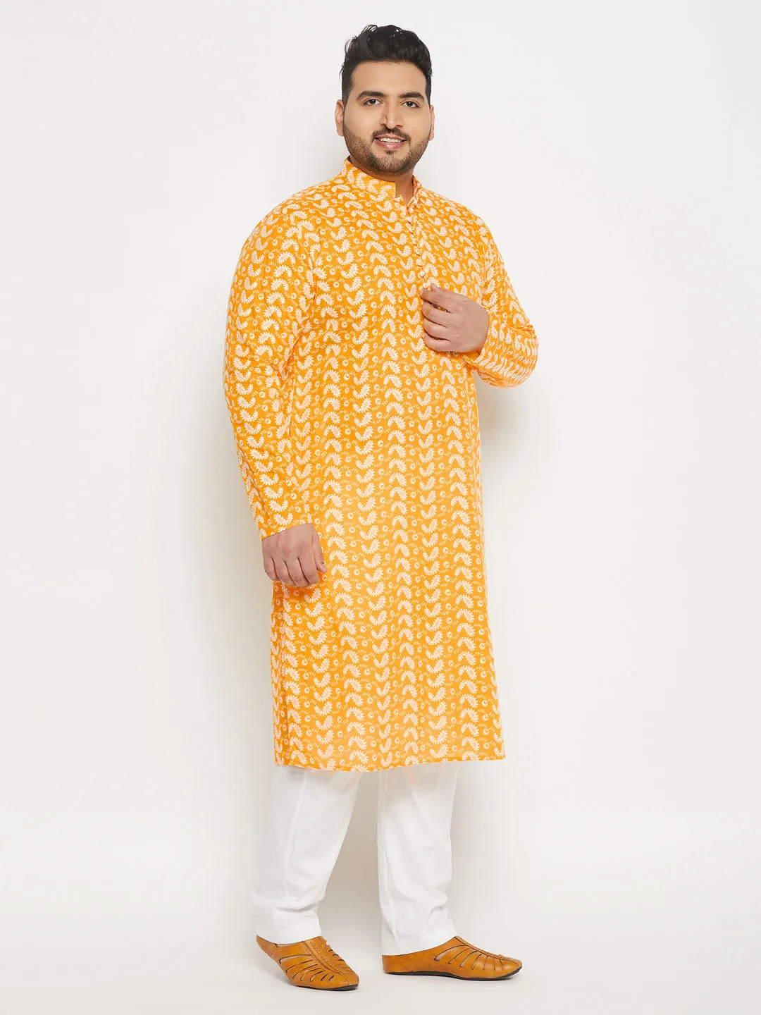 Jashvi Men's Plus Size Orange Chikankari Embroidered Kurta And White Cotton Pant Style Pyjama Set