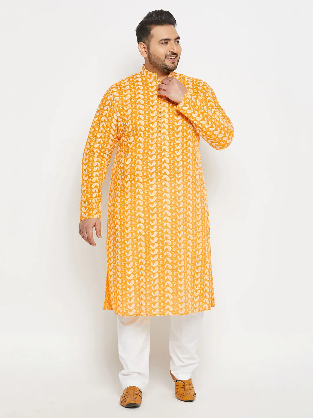 Jashvi Men's Plus Size Orange Chikankari Embroidered Kurta And White Cotton Pant Style Pyjama Set