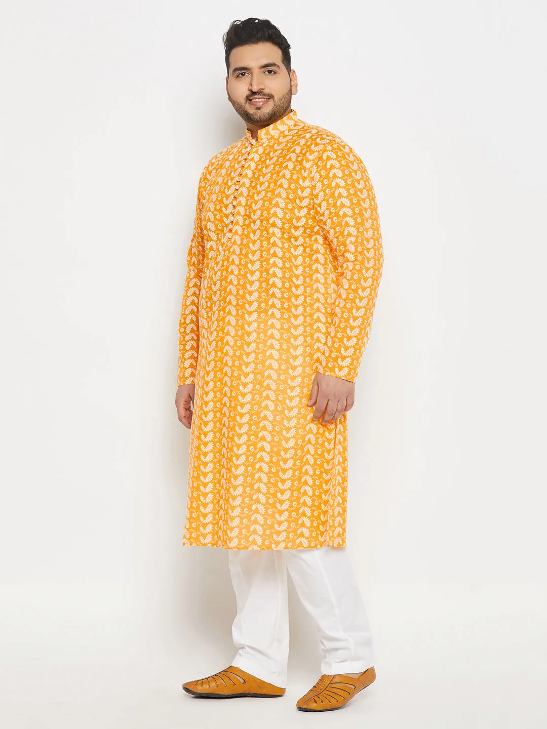 Jashvi Men's Plus Size Orange Chikankari Embroidered Kurta And White Cotton Pant Style Pyjama Set