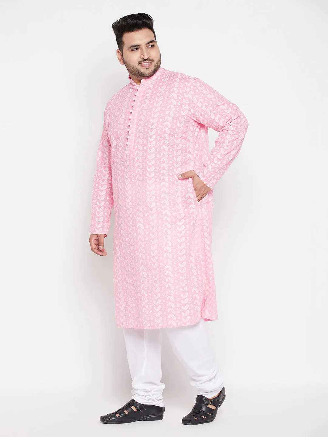 Jashvi Men's Plus Size Pink Chikankari Embroidered Kurta And White Pyjama Set