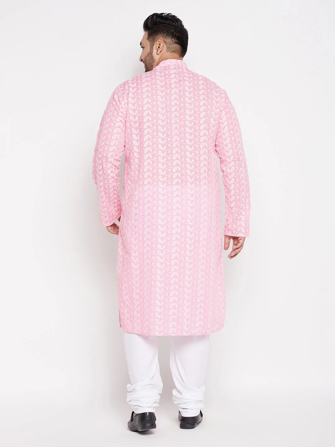 Jashvi Men's Plus Size Pink Chikankari Embroidered Kurta And White Pyjama Set