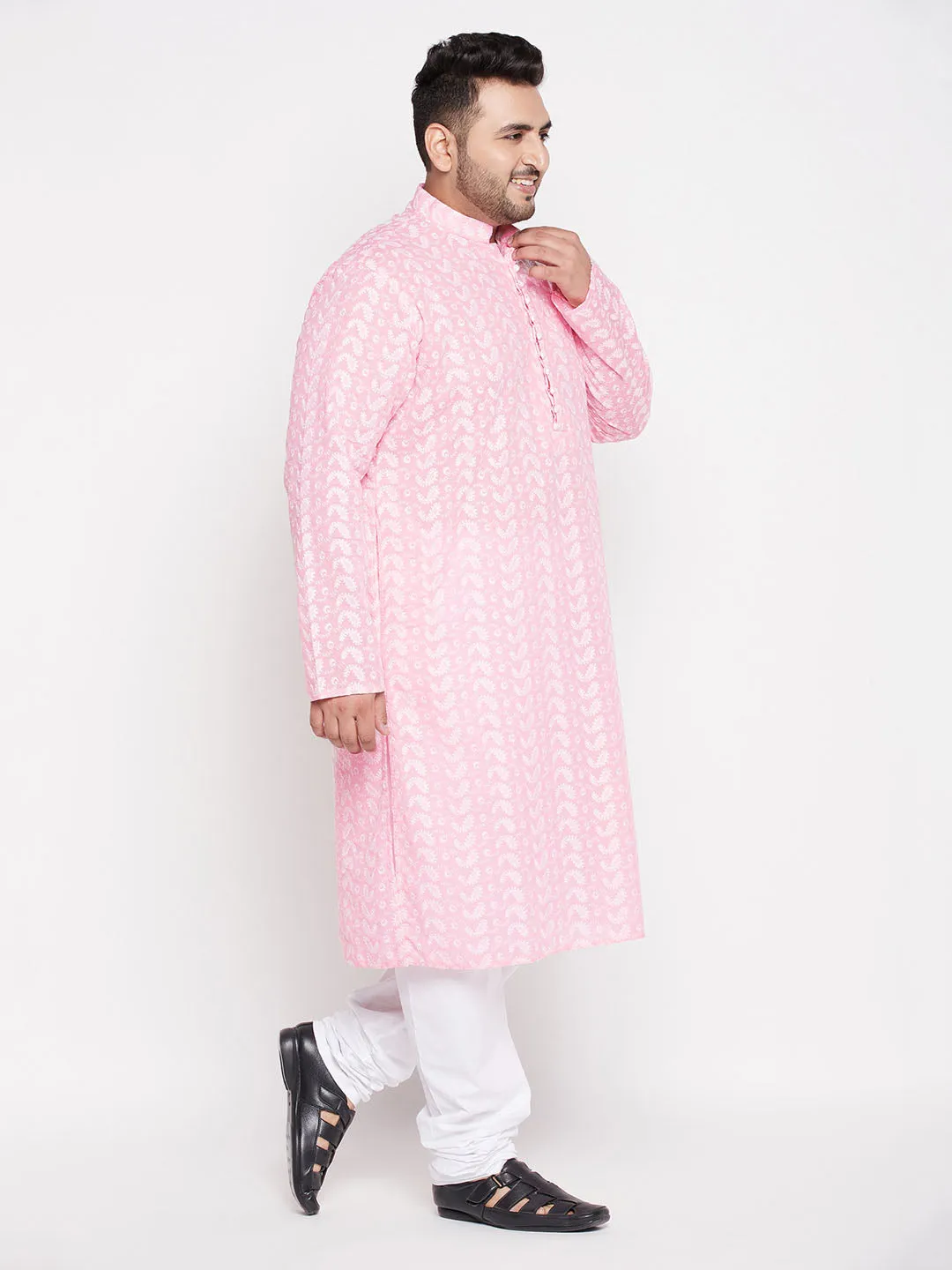 Jashvi Men's Plus Size Pink Chikankari Embroidered Kurta And White Pyjama Set