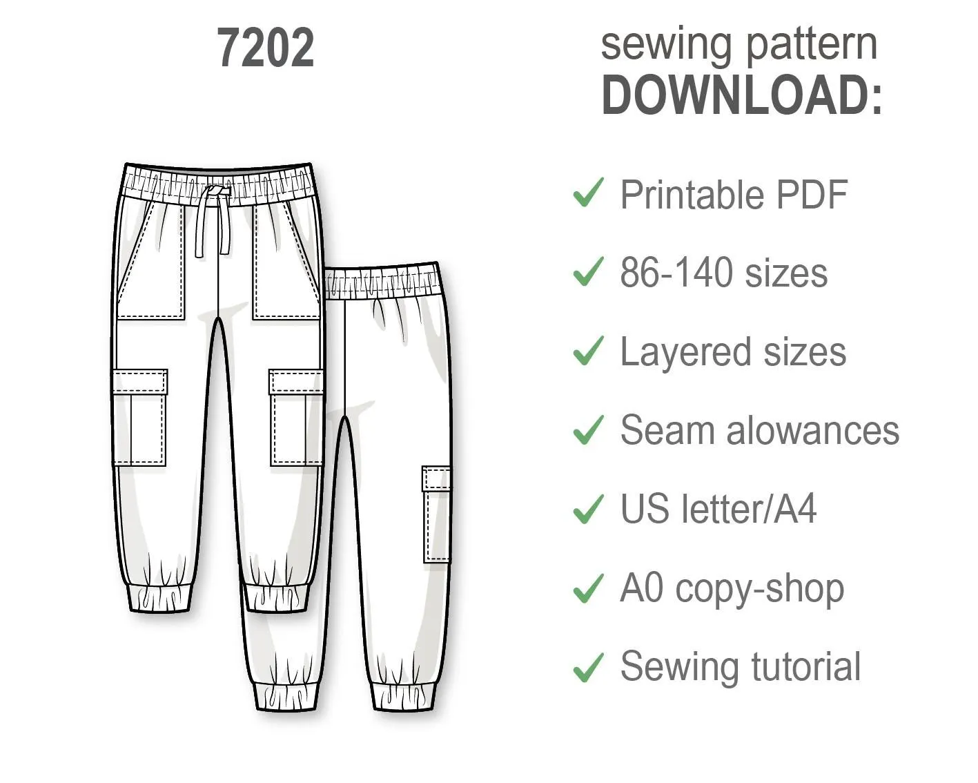 Kids Cargo Pants PDF Sewing Pattern, Military Style Joggers with Drawstring, Patch and Side Pockets, Easy DIY Track Pants