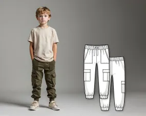 Kids Cargo Pants PDF Sewing Pattern, Military Style Joggers with Drawstring, Patch and Side Pockets, Easy DIY Track Pants