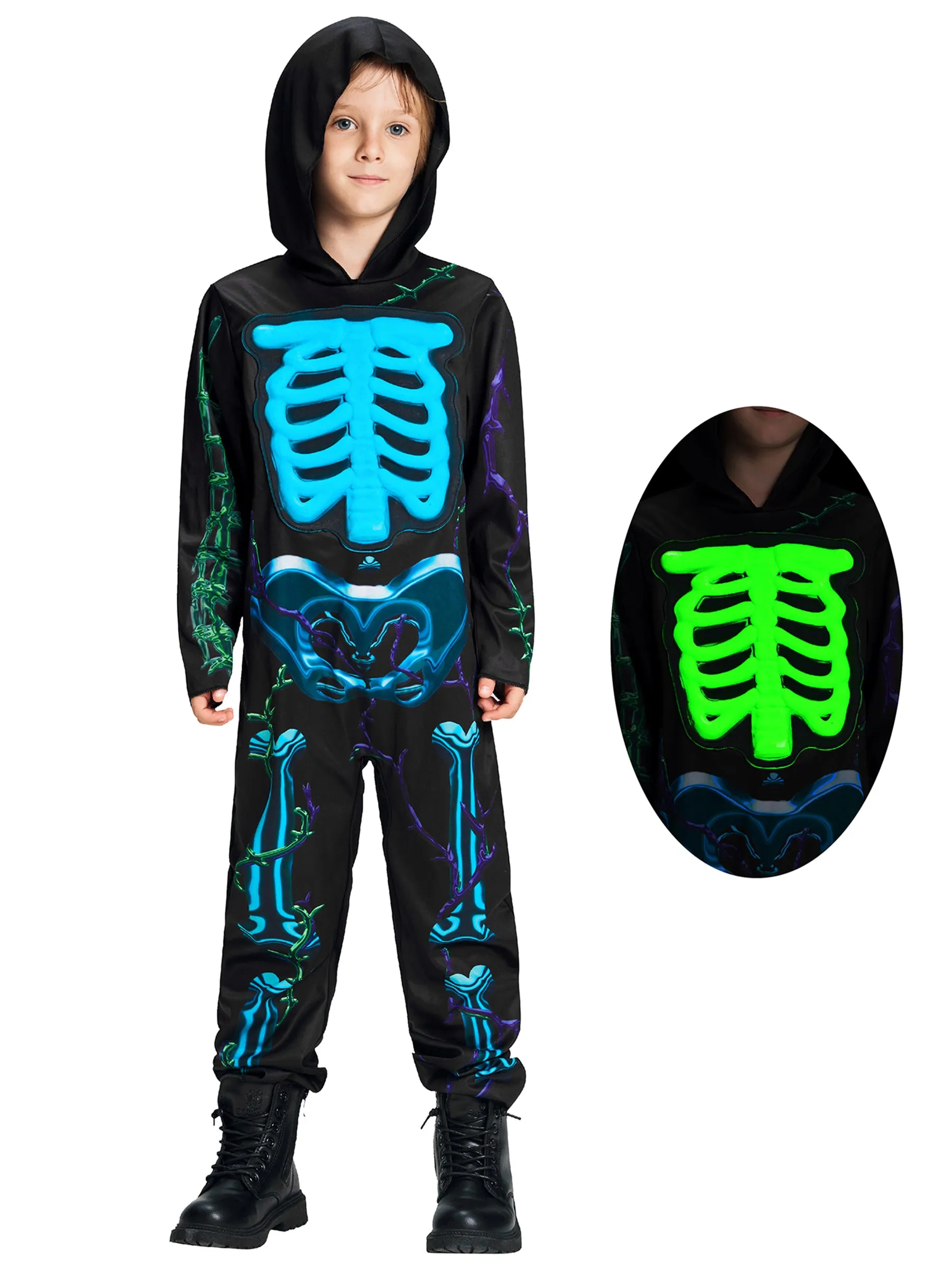 Kids Glow in the Dark 3D Skeleton Jumpsuit Halloween Costume