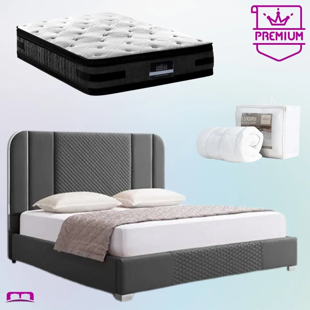 King Premium Package | Bedzy Luxe Halcyon Bed Frame Black, Luna Series Euro Top Mattress (Medium Firm) & Bamboo Mattress Topper!