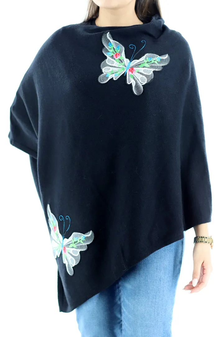 Knitted Poncho with Butterfly Embroidery