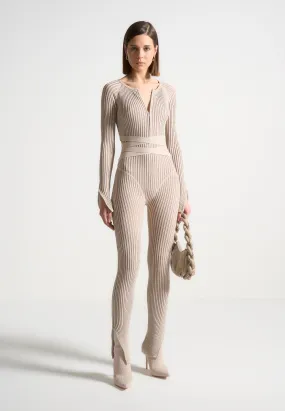 Knitted Two Tone Jumpsuit with Belt - Beige/Taupe