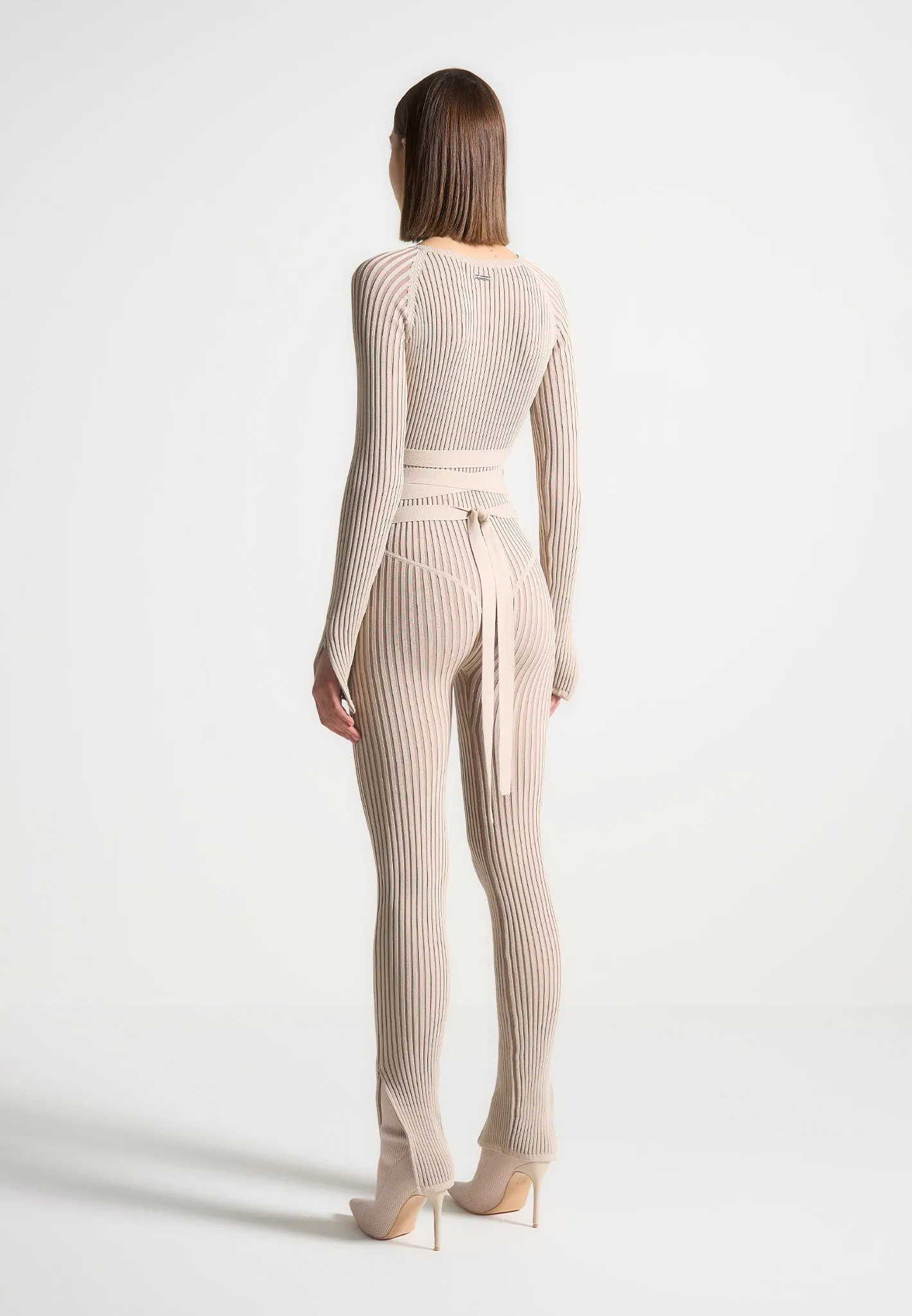 Knitted Two Tone Jumpsuit with Belt - Beige/Taupe