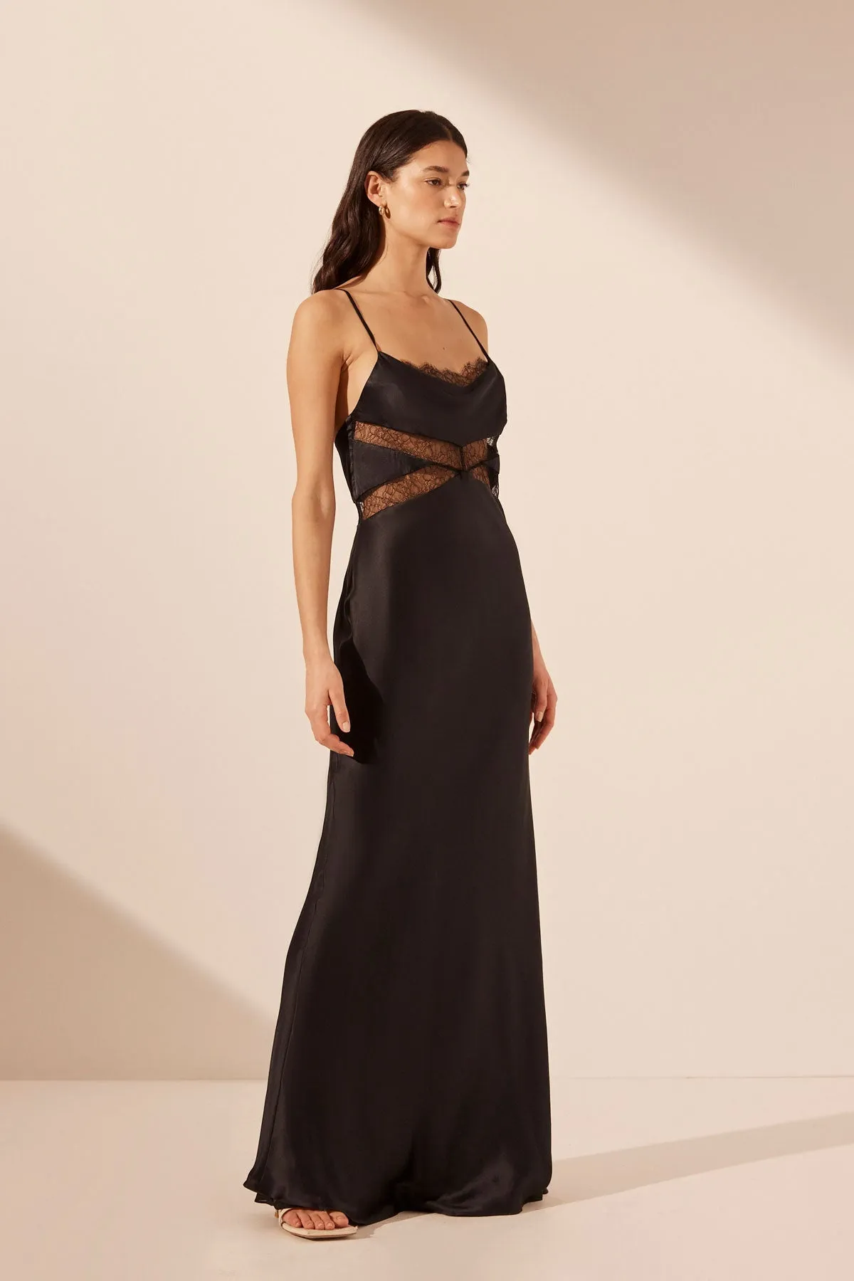 LETICIA SILK COWL NECK LACE MAXI DRESS - BLACK