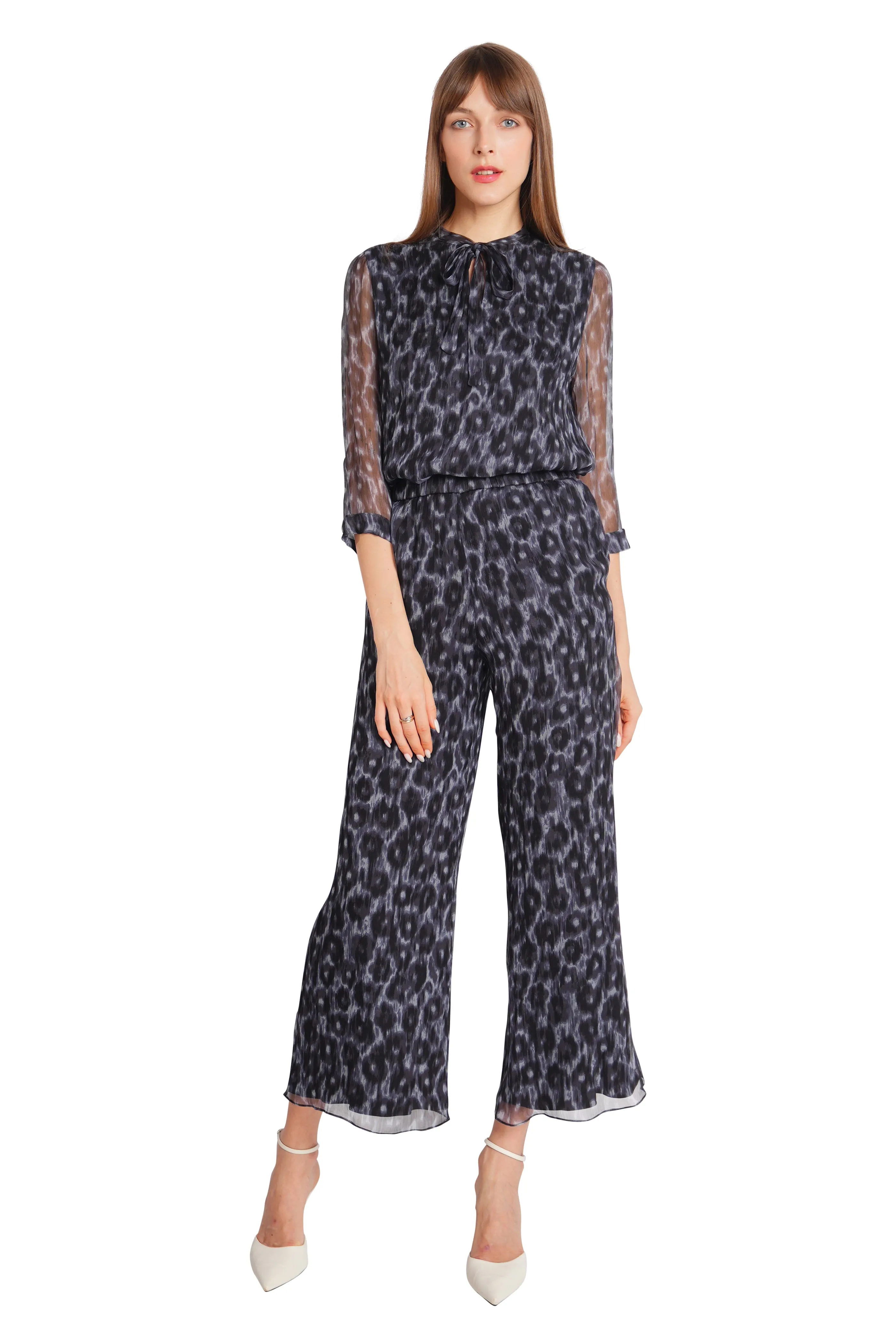 Liz Crinkled Chiffon Flowy Pants in Leopard Print