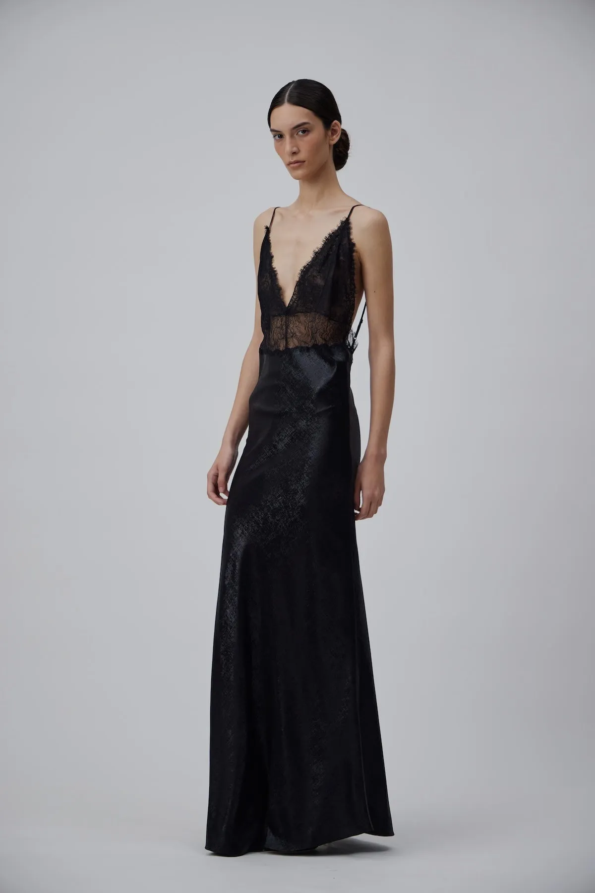 LONG SLIP DRESS WITH LACE IN GLOSSY BLACK