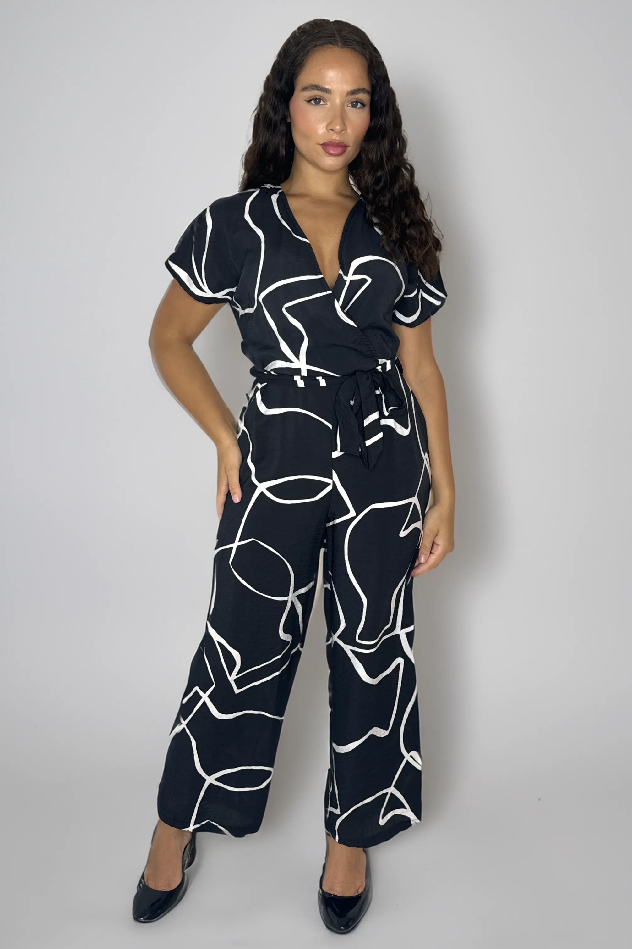 Low-Cut Short Sleeve Tie Waist Straight Leg Viscose Blend All Over Print Jumpsuit