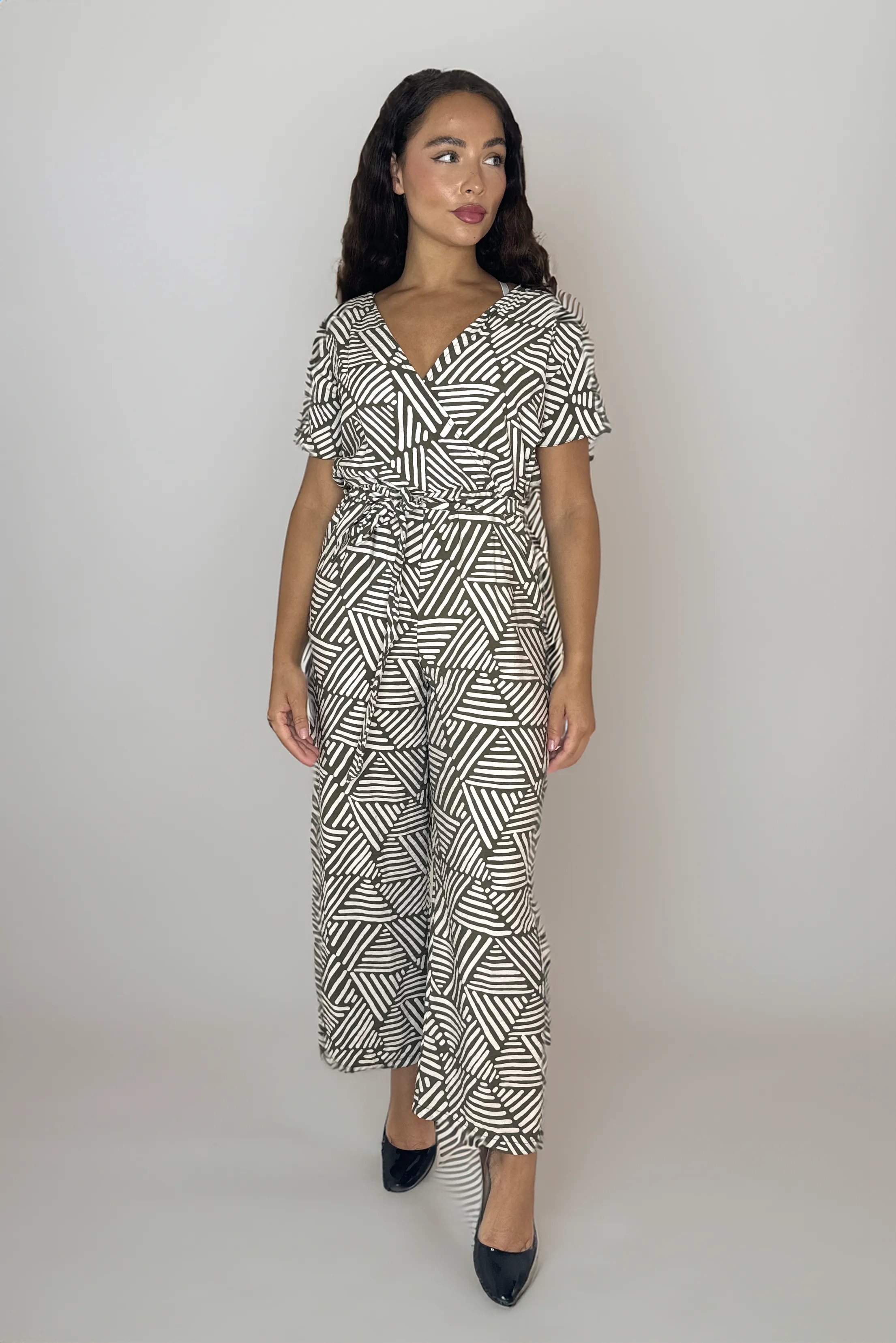 Low-Cut Short Sleeve Tie Waist Straight Leg Viscose Blend All Over Print Jumpsuit