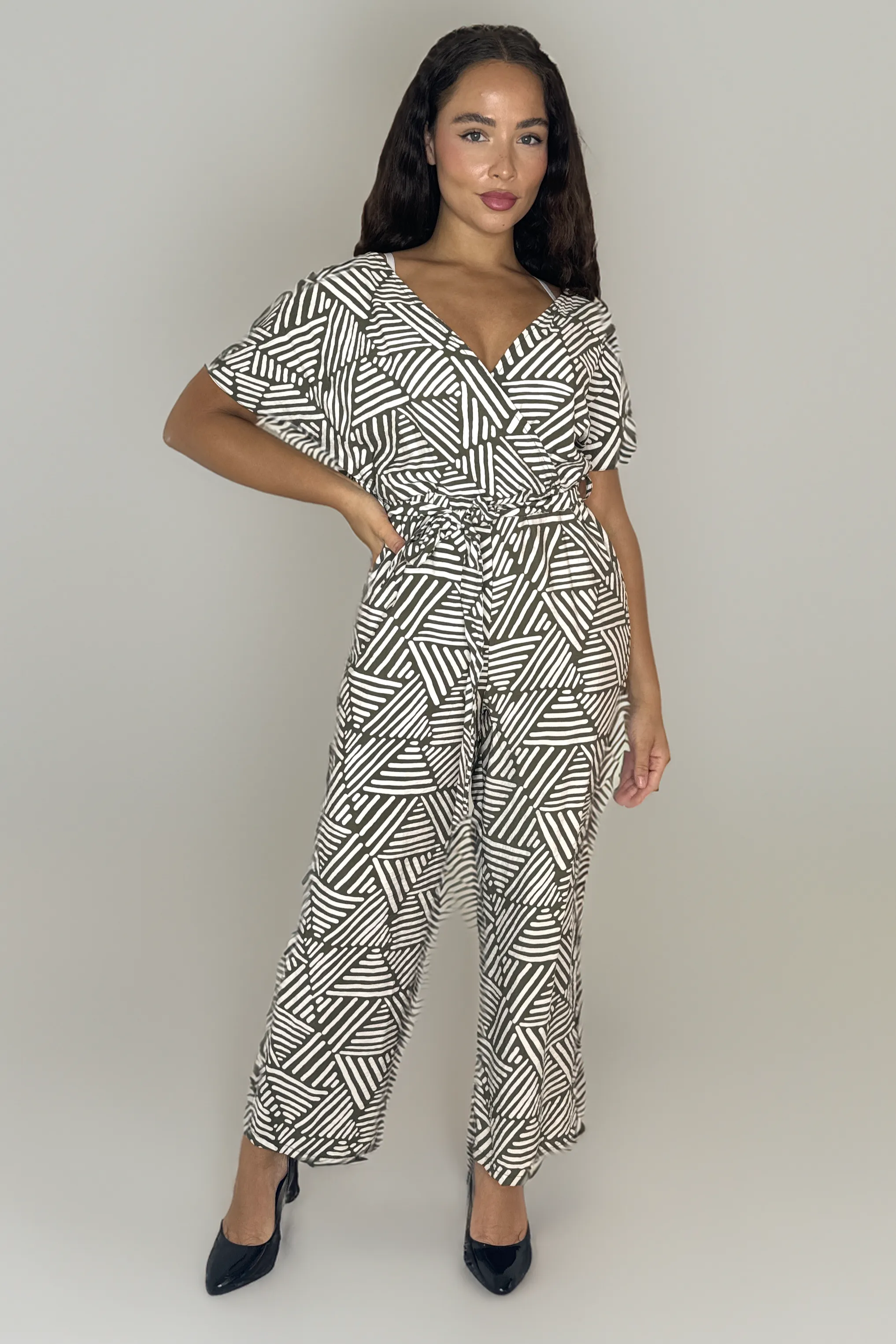 Low-Cut Short Sleeve Tie Waist Straight Leg Viscose Blend All Over Print Jumpsuit