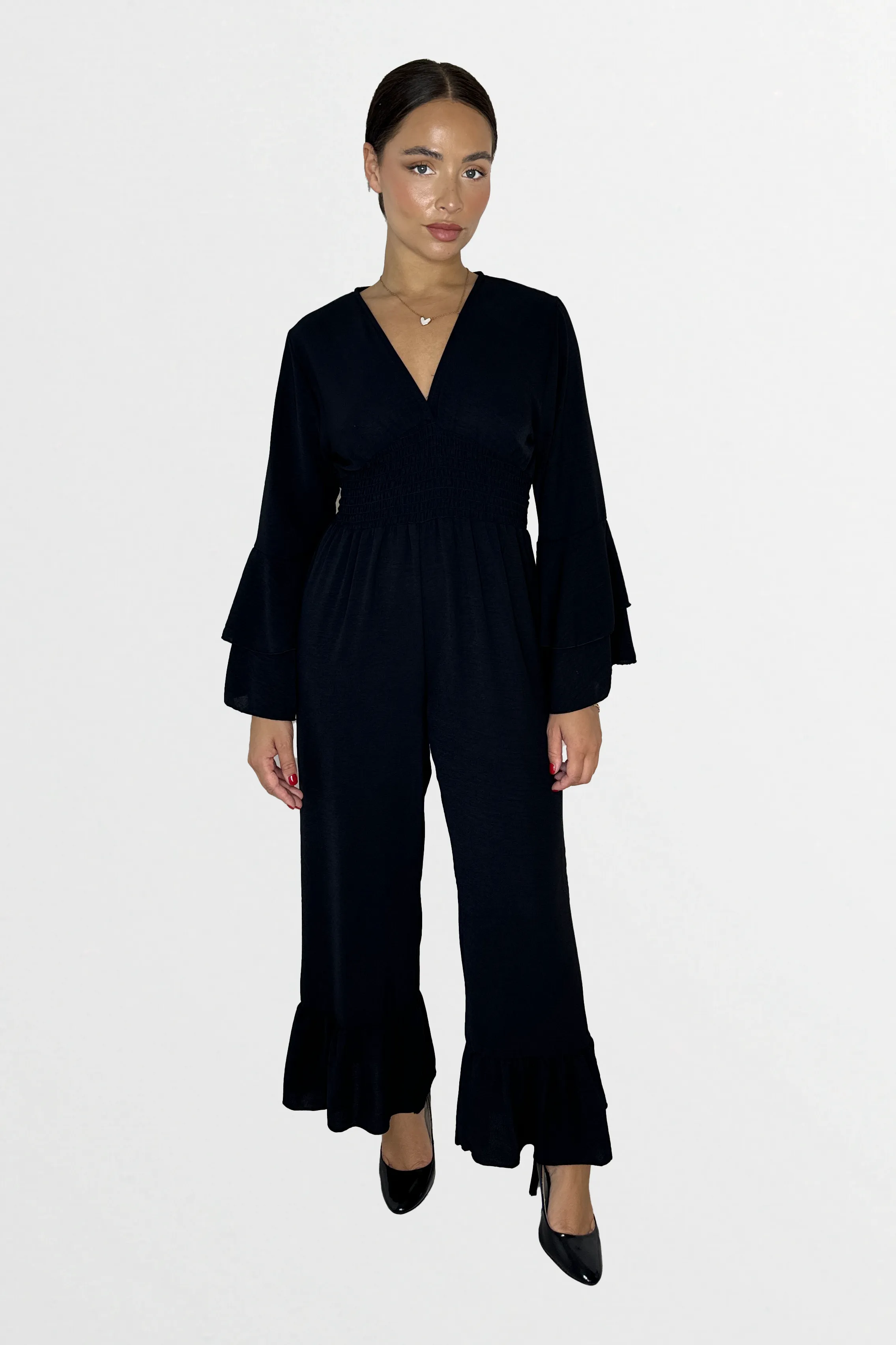 Low V-Cut Neck Bell Sleeve Cinched Waist Frill Wide Leg Petite Jumpsuit