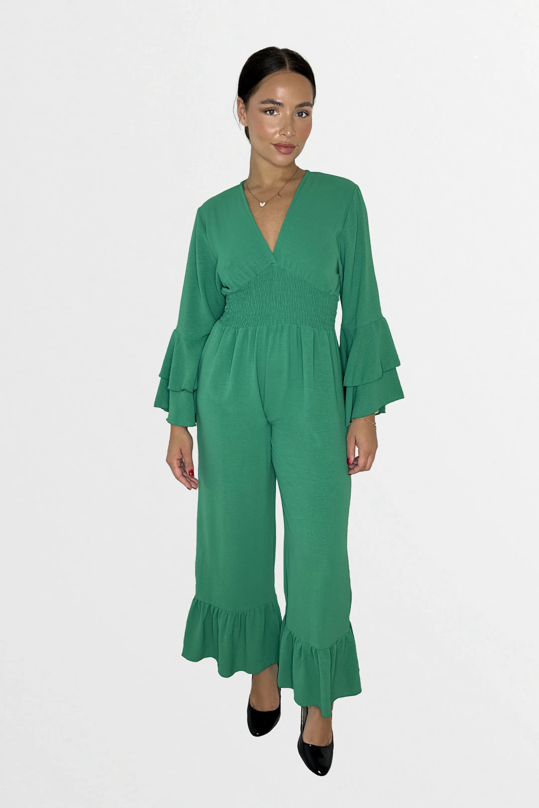 Low V-Cut Neck Bell Sleeve Cinched Waist Frill Wide Leg Petite Jumpsuit