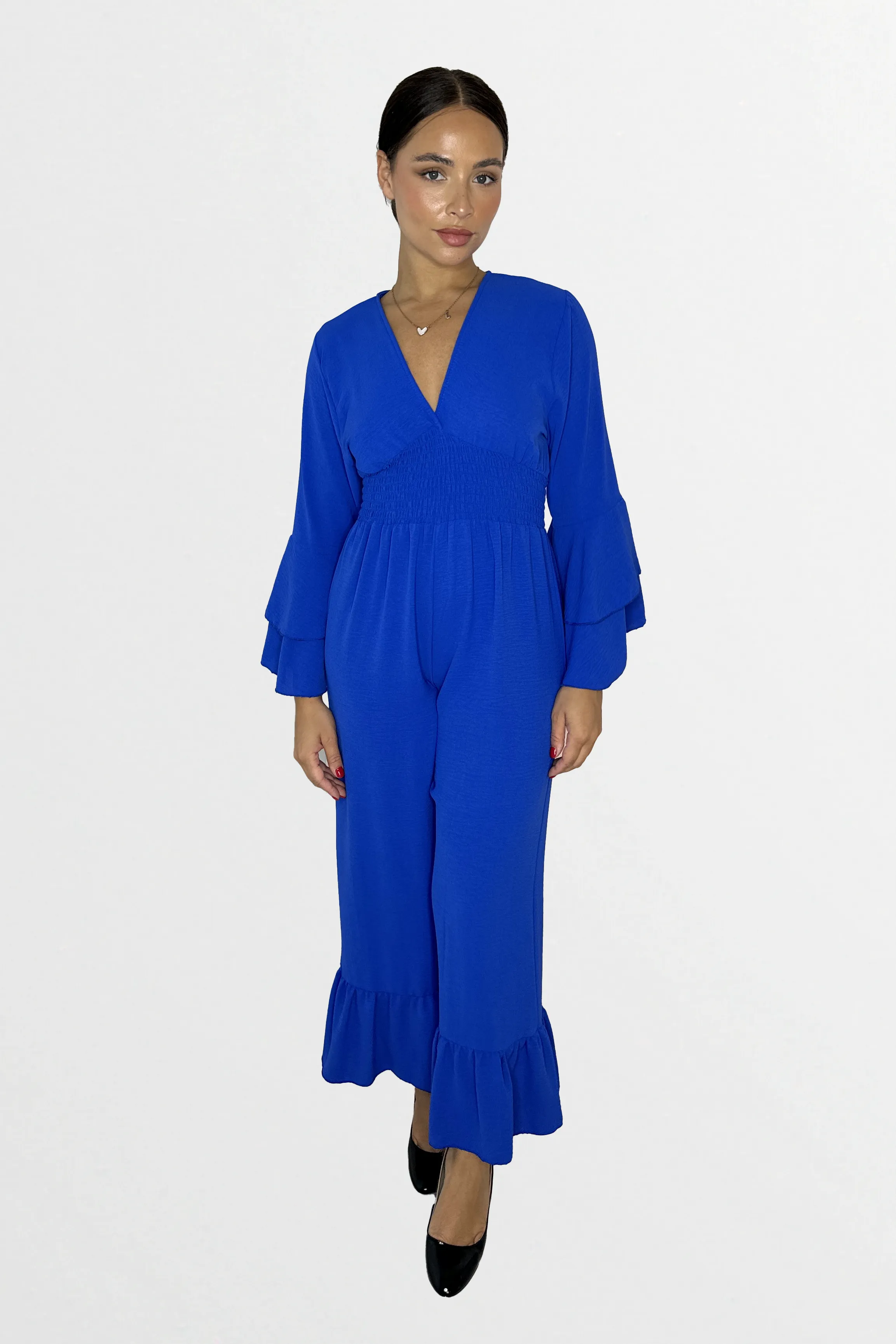 Low V-Cut Neck Bell Sleeve Cinched Waist Frill Wide Leg Petite Jumpsuit