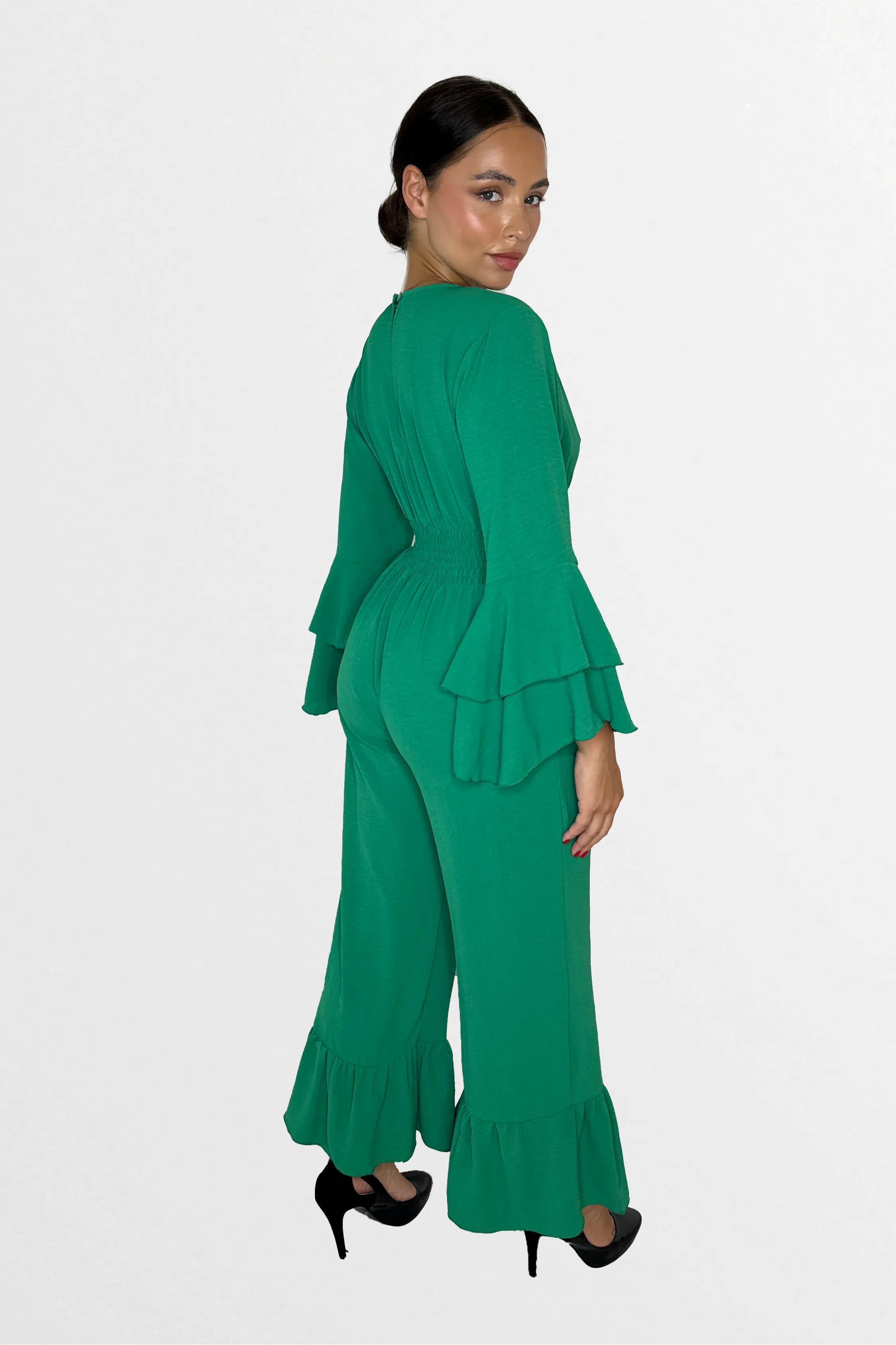 Low V-Cut Neck Bell Sleeve Cinched Waist Frill Wide Leg Petite Jumpsuit