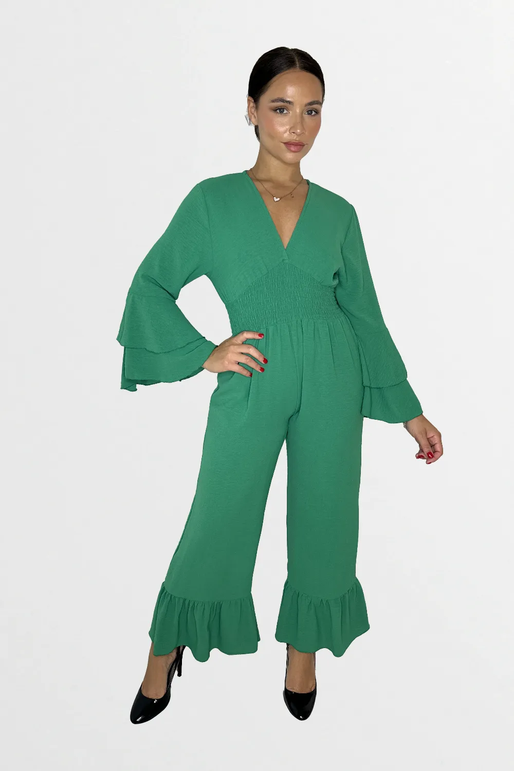 Low V-Cut Neck Bell Sleeve Cinched Waist Frill Wide Leg Petite Jumpsuit