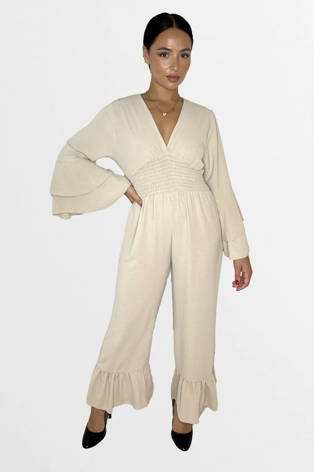 Low V-Cut Neck Bell Sleeve Cinched Waist Frill Wide Leg Petite Jumpsuit