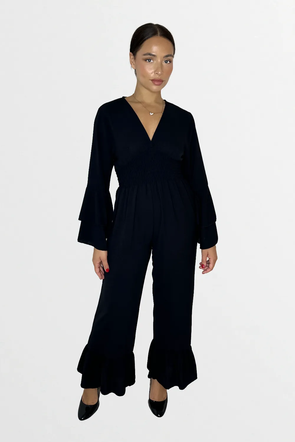 Low V-Cut Neck Bell Sleeve Cinched Waist Frill Wide Leg Petite Jumpsuit