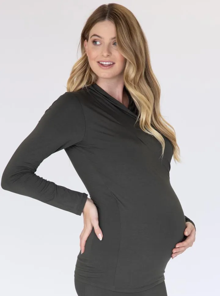 Maternity V-Neck Crossover Bamboo Long Sleeve Top - Olive Green