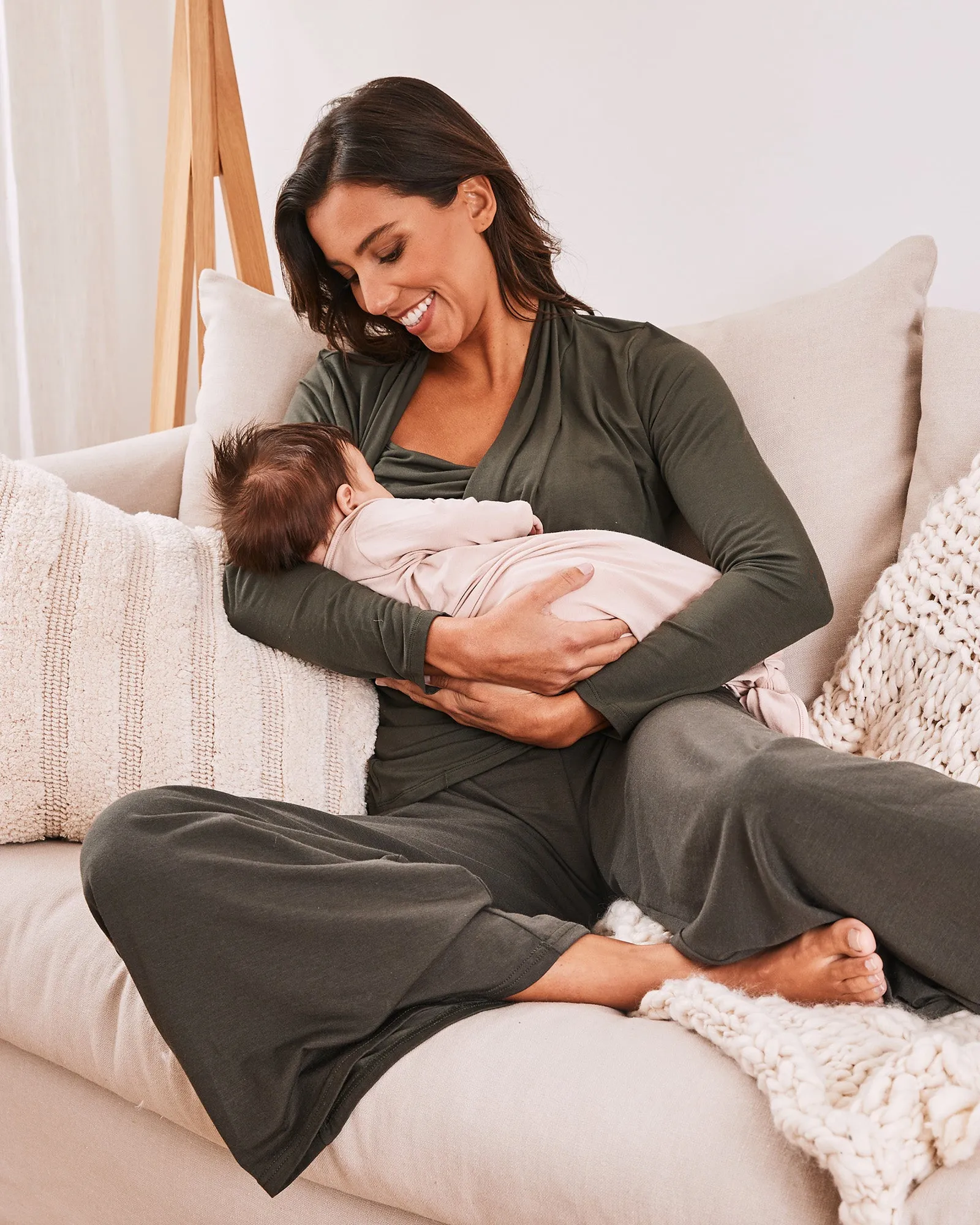 Maternity V-Neck Crossover Bamboo Long Sleeve Top - Olive Green