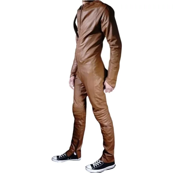 Mens Biker style real sheepskin brown motorcycle leather jumpsuit