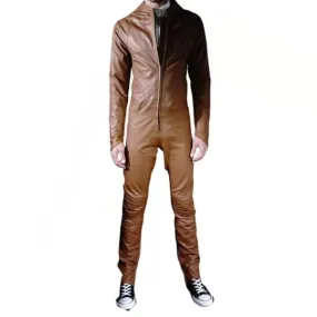 Mens Biker style real sheepskin brown motorcycle leather jumpsuit