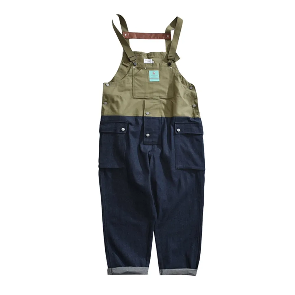 Men's Daddy Clothing Hip-hop American Street Retro Ami Khaki Splicing Contrast Color Loose Tooling Suspenders Jumpsuit