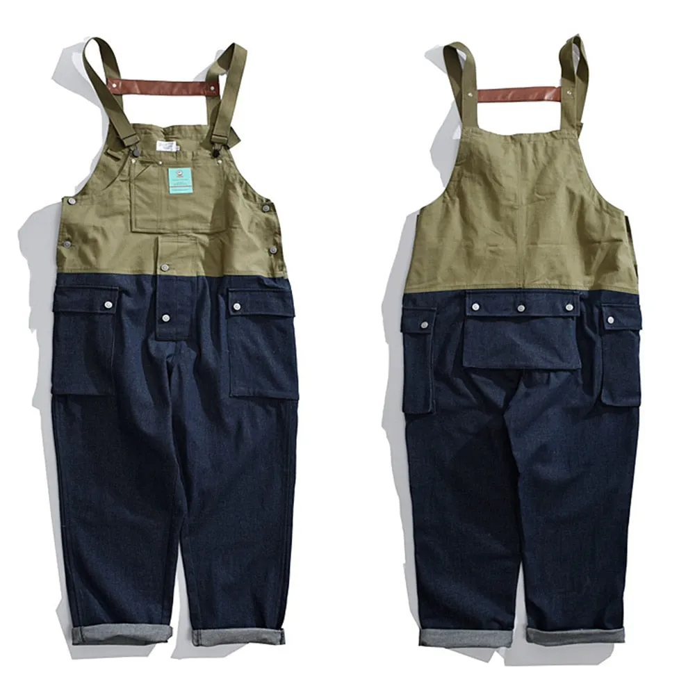 Men's Daddy Clothing Hip-hop American Street Retro Ami Khaki Splicing Contrast Color Loose Tooling Suspenders Jumpsuit