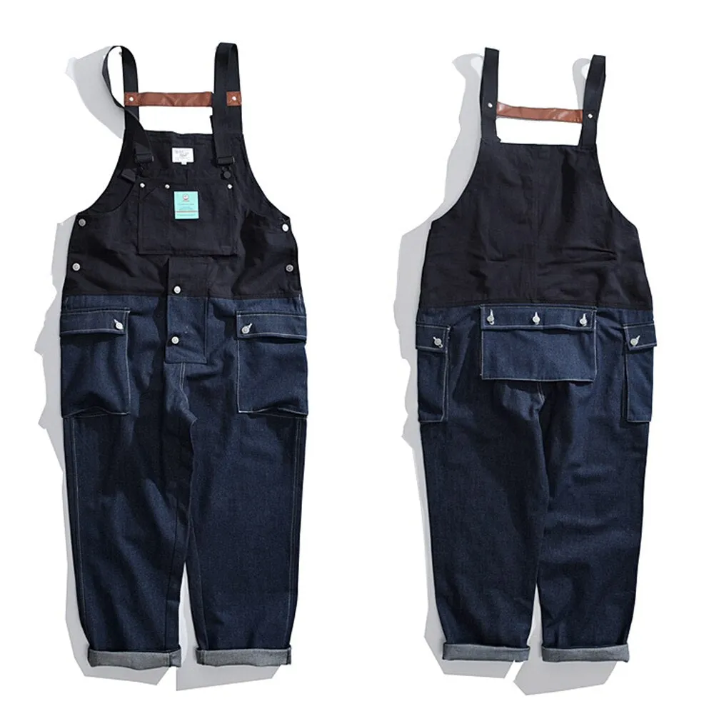 Men's Daddy Clothing Hip-hop American Street Retro Ami Khaki Splicing Contrast Color Loose Tooling Suspenders Jumpsuit