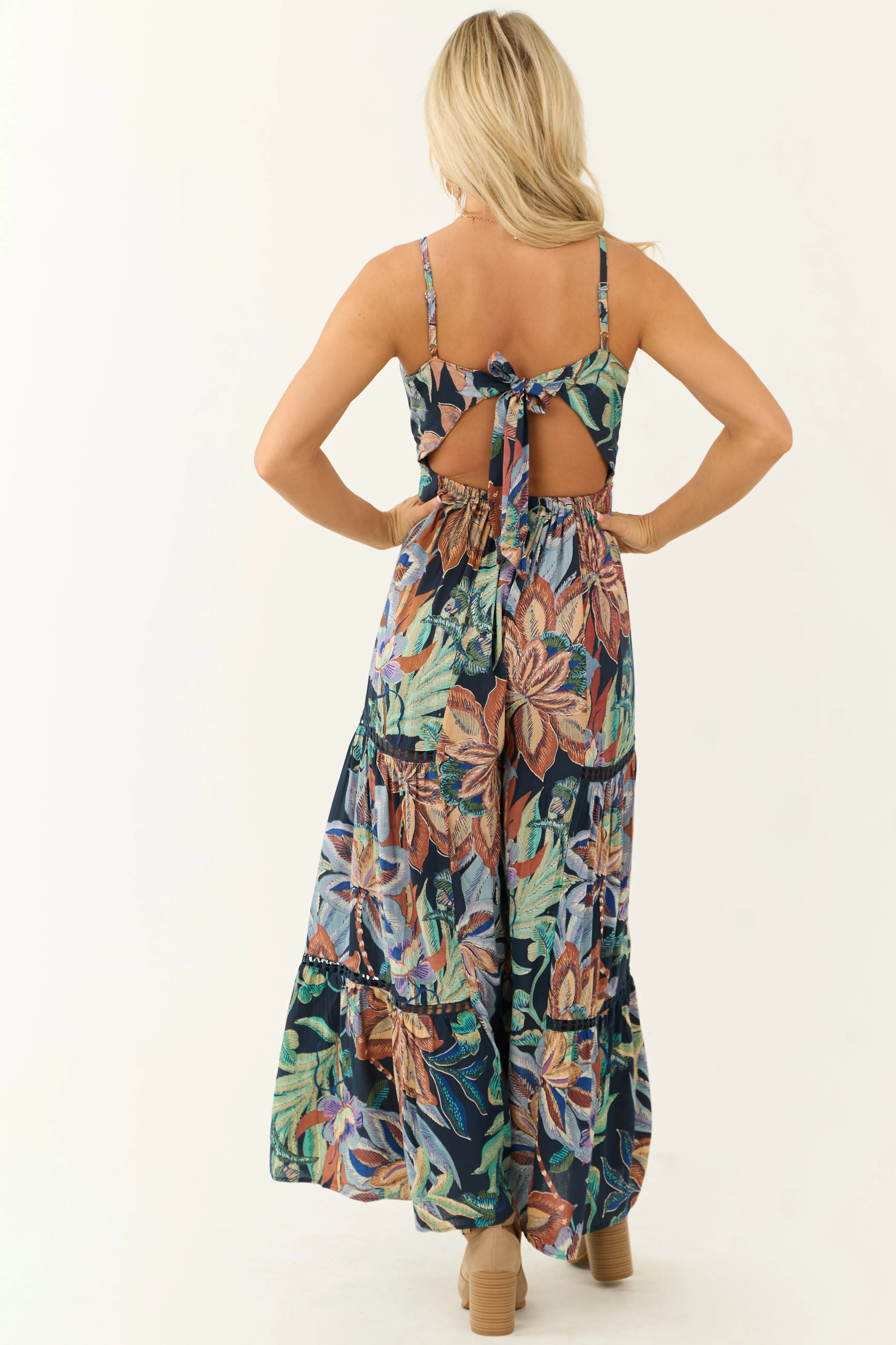 Navy Floral Print Open Back Wide Leg Jumpsuit