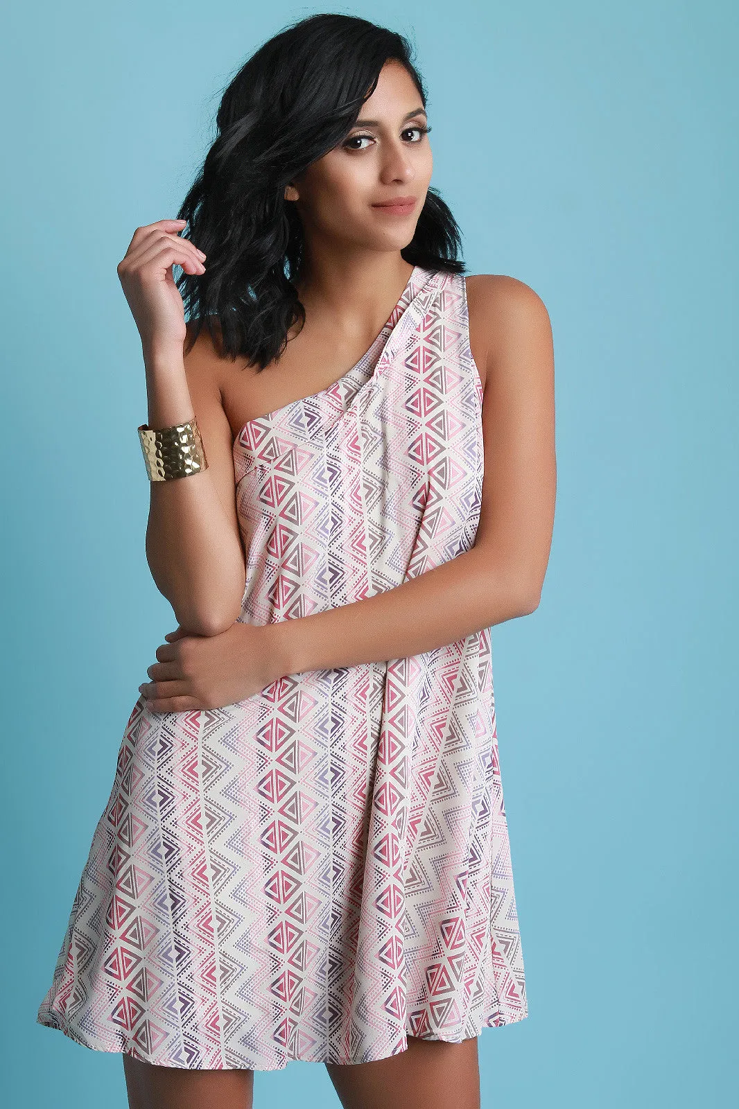 One Shoulder Geometric Print Shift Dress