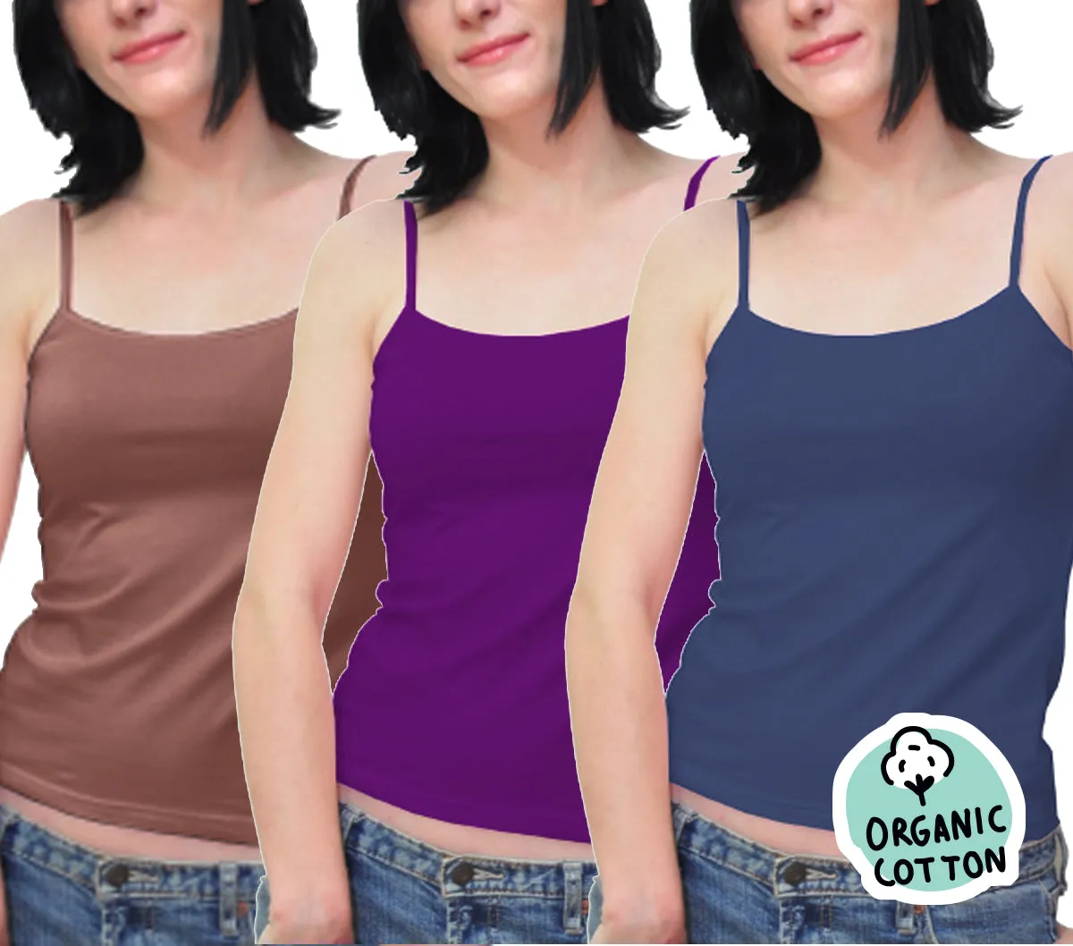 ORGANIC COTTON BASIC CAMISOLE TOP PACK OF 3 (NAVY/BROWN/PURPLE)