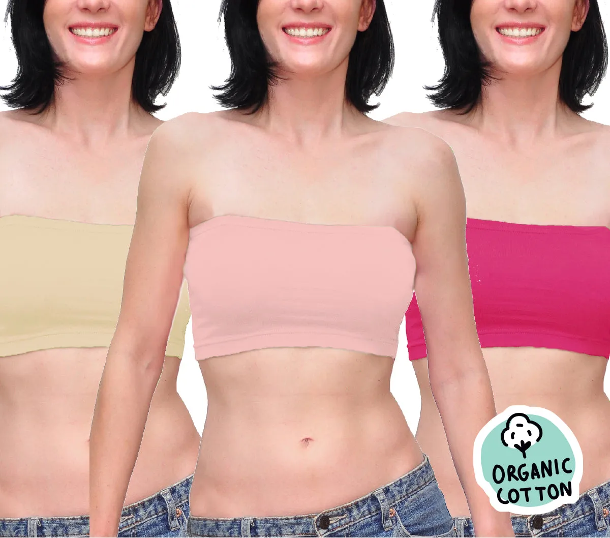 ORGANIC COTTON BASIC SHORT TUBE TOP PACK OF 3 (NUDE/FUCHSIA/PINK)