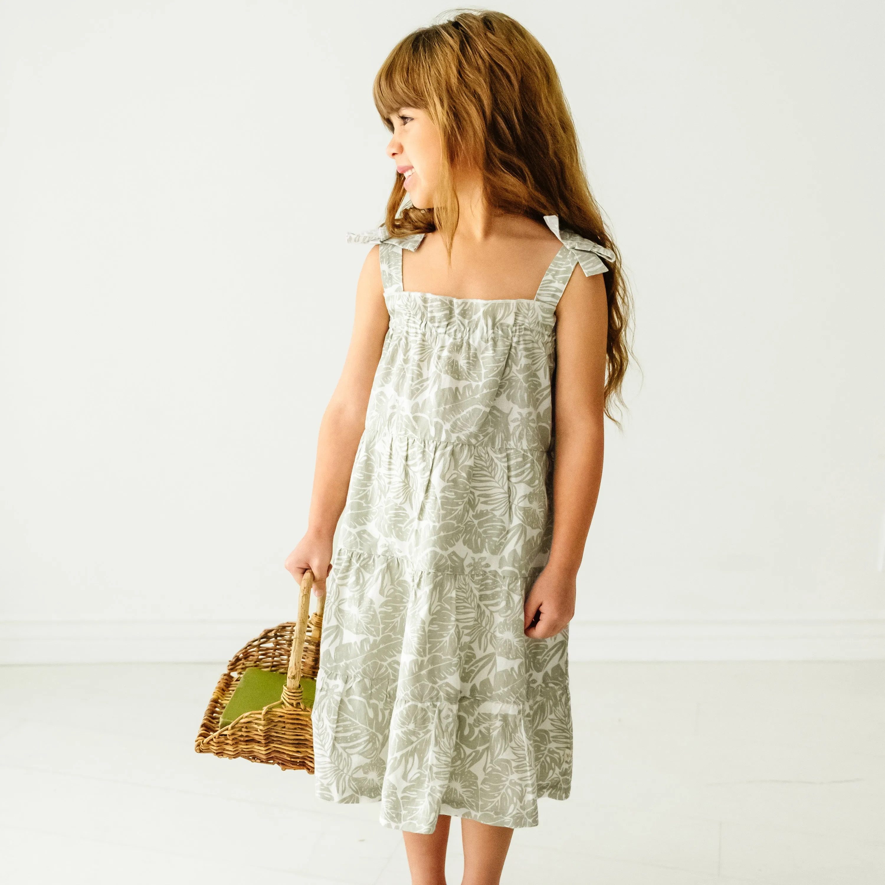 Organic Girls Tiered Strap Dress Linen - Palms