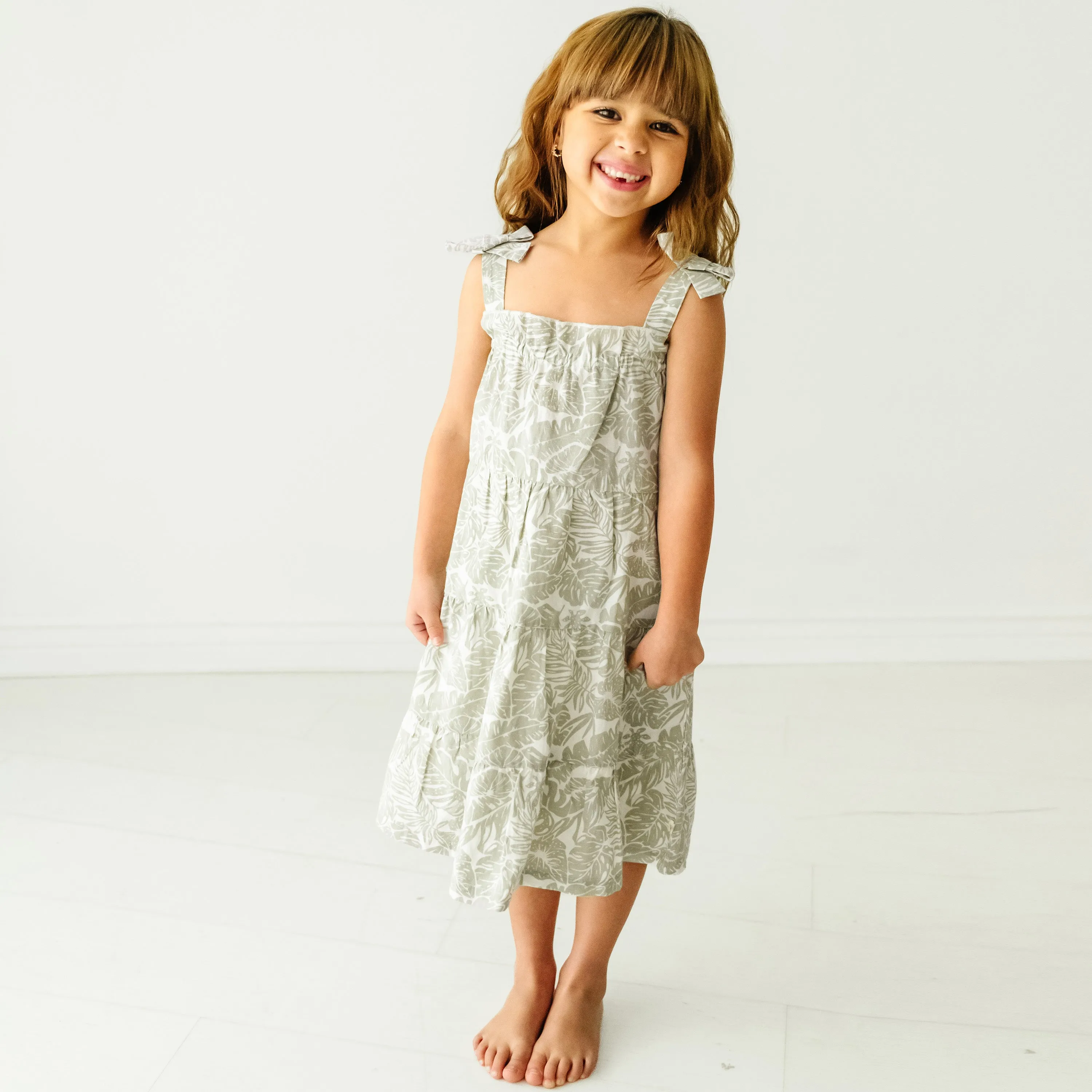 Organic Girls Tiered Strap Dress Linen - Palms