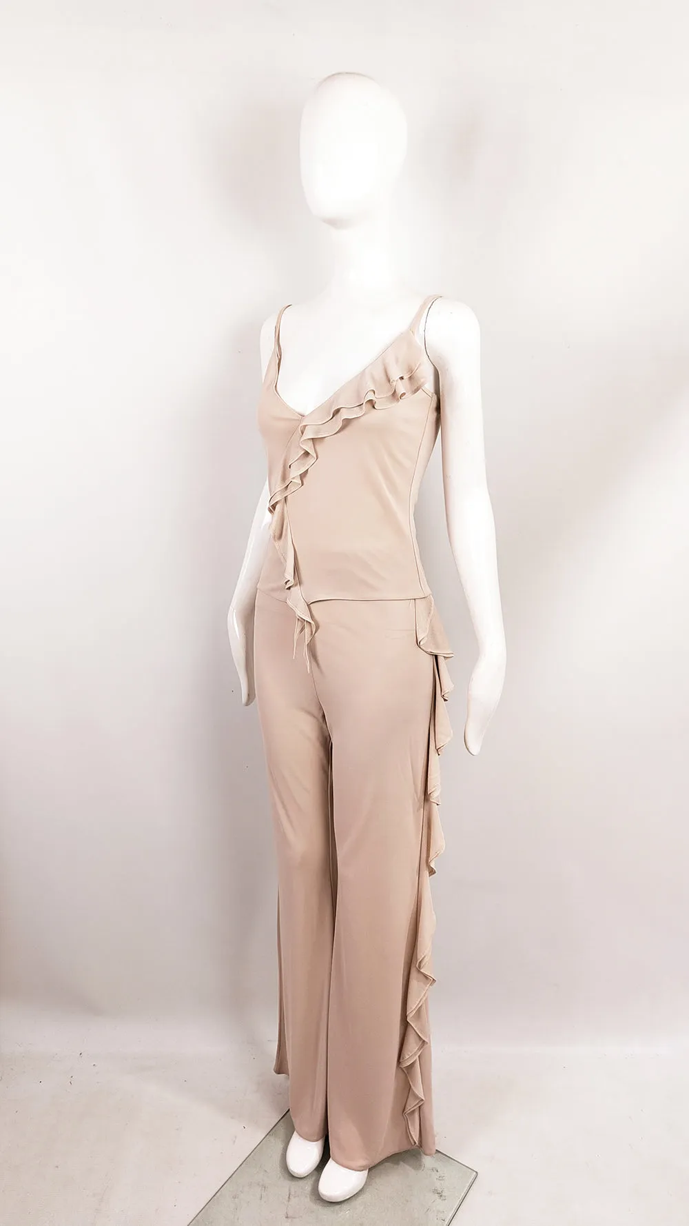 Orna Farho Paris Vintage Beige Ruffled Two Piece Top & Trousers Set