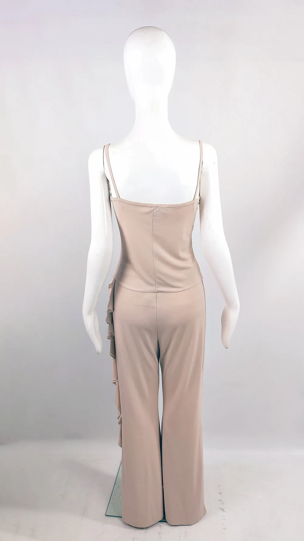 Orna Farho Paris Vintage Beige Ruffled Two Piece Top & Trousers Set