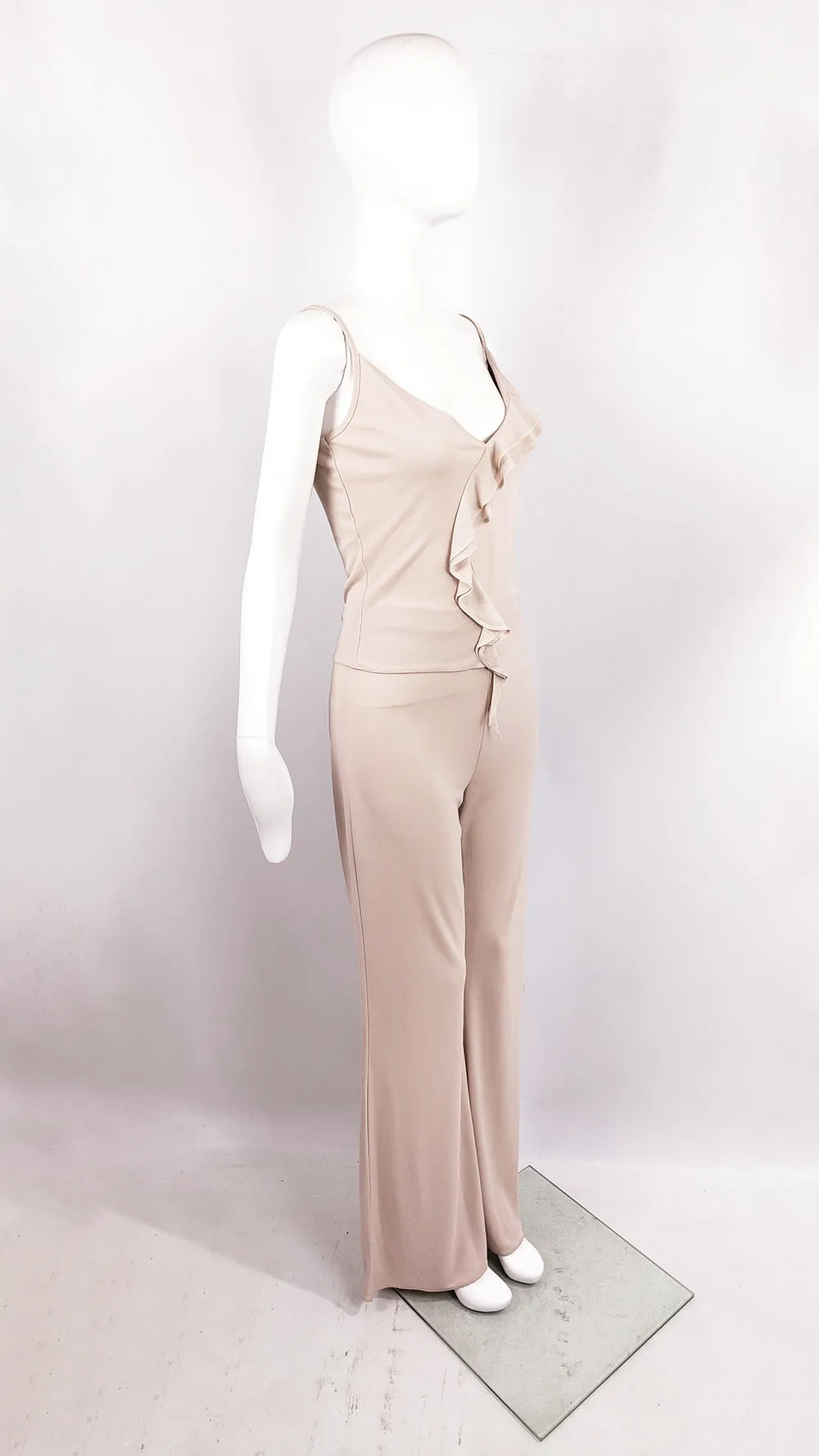 Orna Farho Paris Vintage Beige Ruffled Two Piece Top & Trousers Set